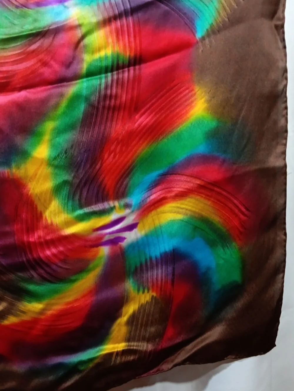 Womens Silk Large Scarf Brown Rainbow Boho Neck Sarong Headscarf Festival